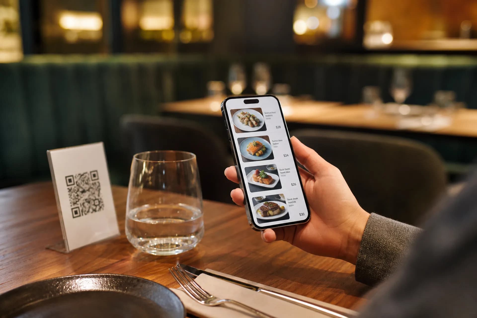 مشتری در حال مشاهده منوی دیجیتال رستوران روی گوشی هوشمند کنار استند QR روی میز