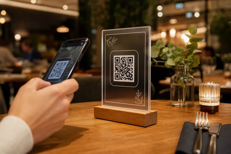 اسکن کد QR منوی دیجیتال روی میز رستوران با گوشی هوشمند